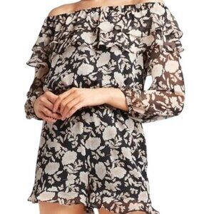 Express Floral 3/4 Sleeve Romper Women S Off The Shoulder Black Beige Hippie NEW